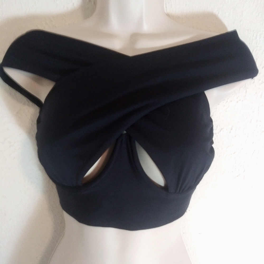 Shein Underbust Longline Crossover High Neck Multi Wear Bra Black Crop Top Shirt
